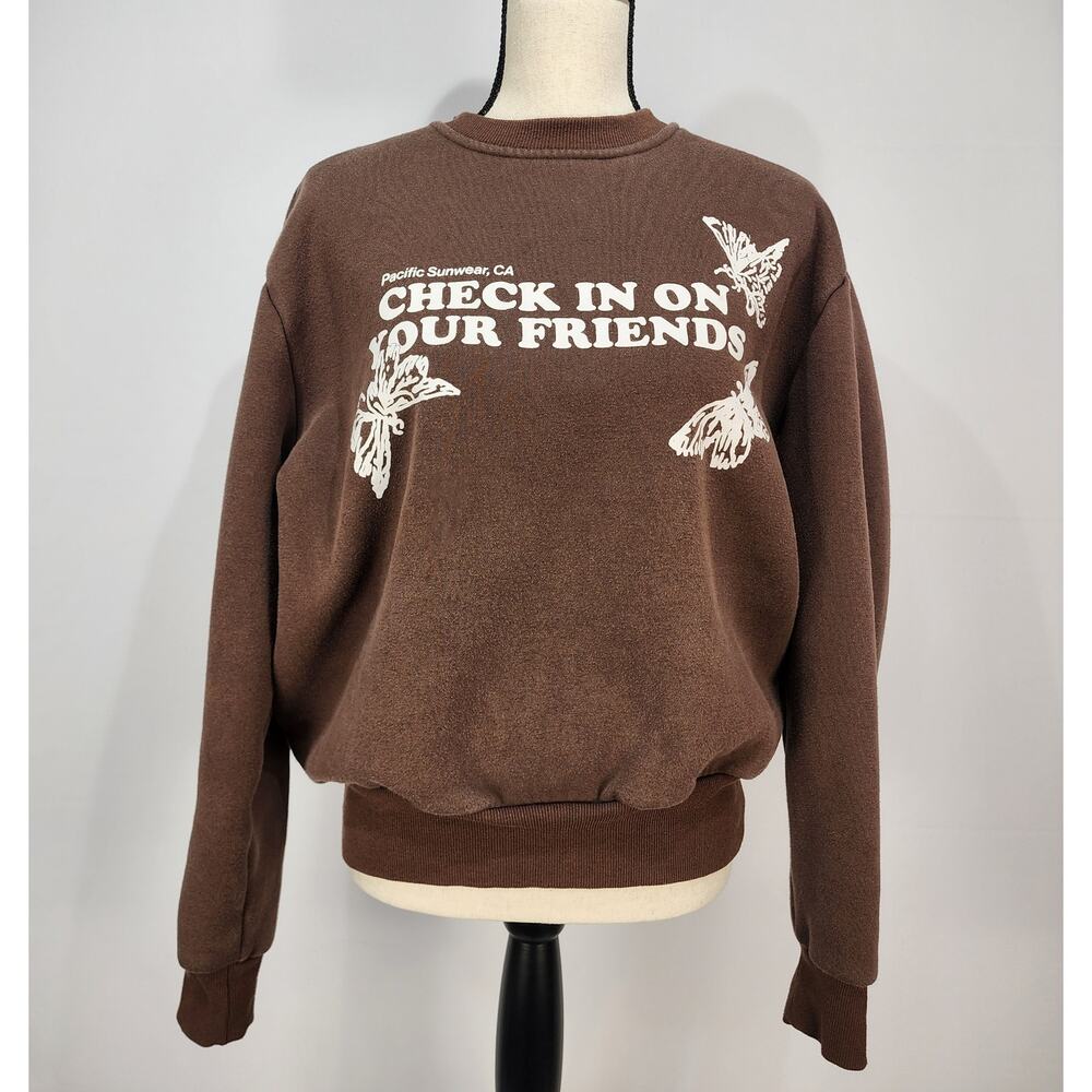 PacSun Women's Check In On Your Friends Butterfly Sweatshirt Crew Brown M
